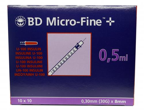 BD MICRO-FINE+ U100 ser ins 8mmx0.3mm 100 x 0.5 ml 