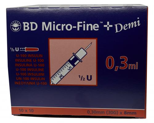 Insulinspritzen BD U100 8x0.3mm 30G 100x0.3ml demi 
