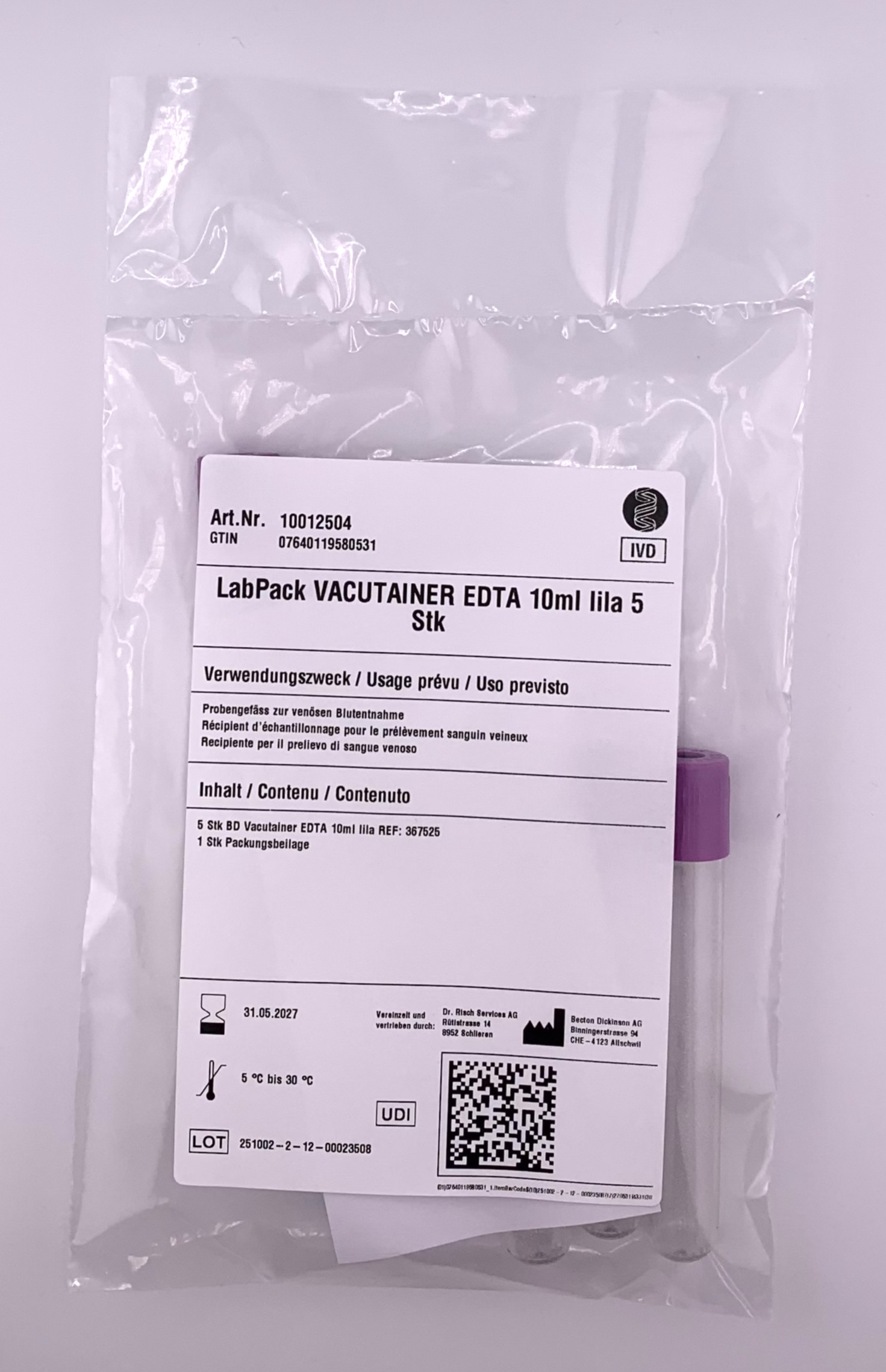 LabPack VACUTAINER EDTA 10ml viola 5 pz. 
