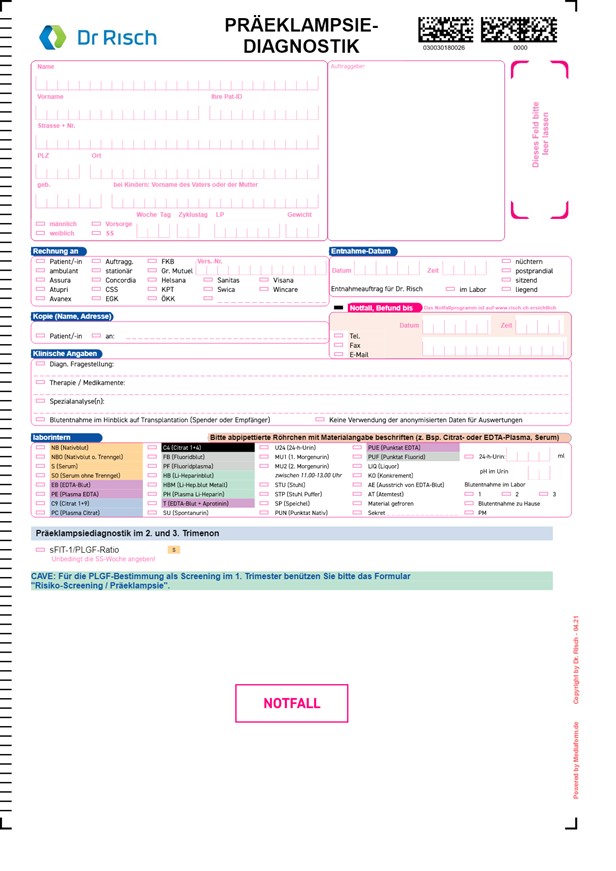 Auftragsformular Präeklampsie Diagnostik 