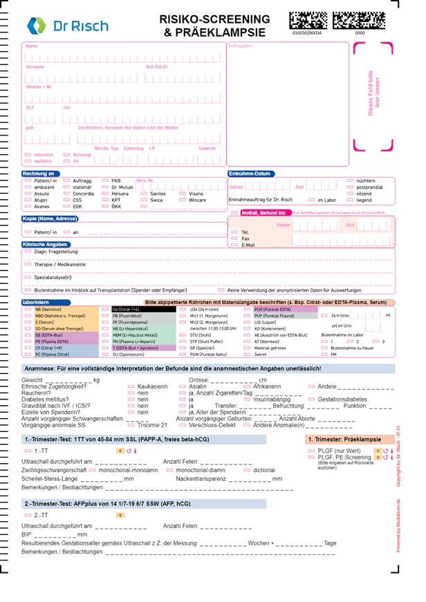 Modulo d'ordine analisi Screening dei rischi e preeclampsia 