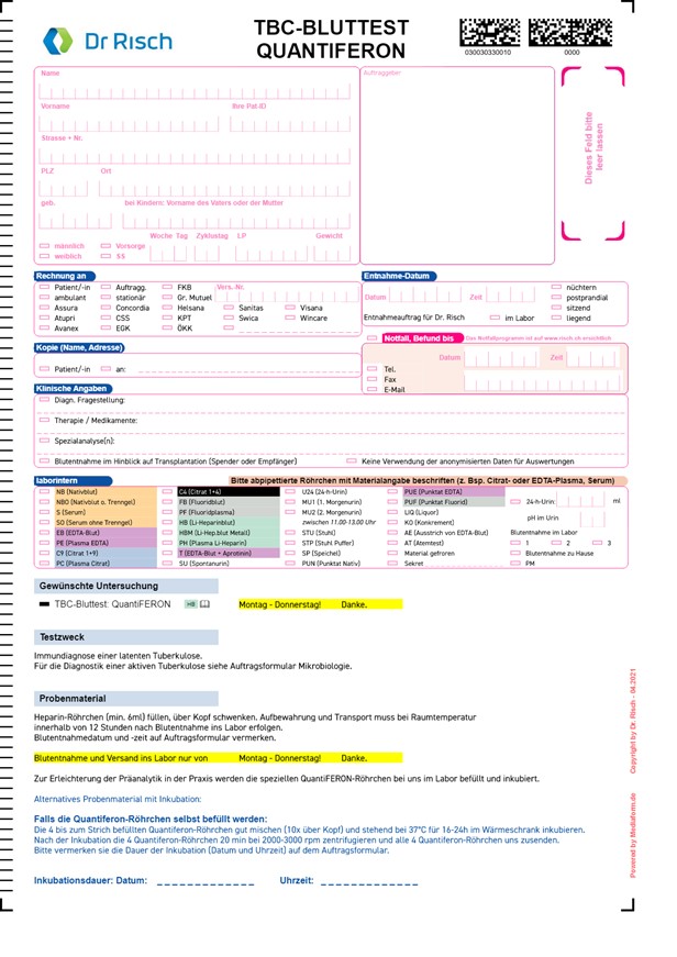 Auftragsformular TBC Bluttest QuantiFERON 