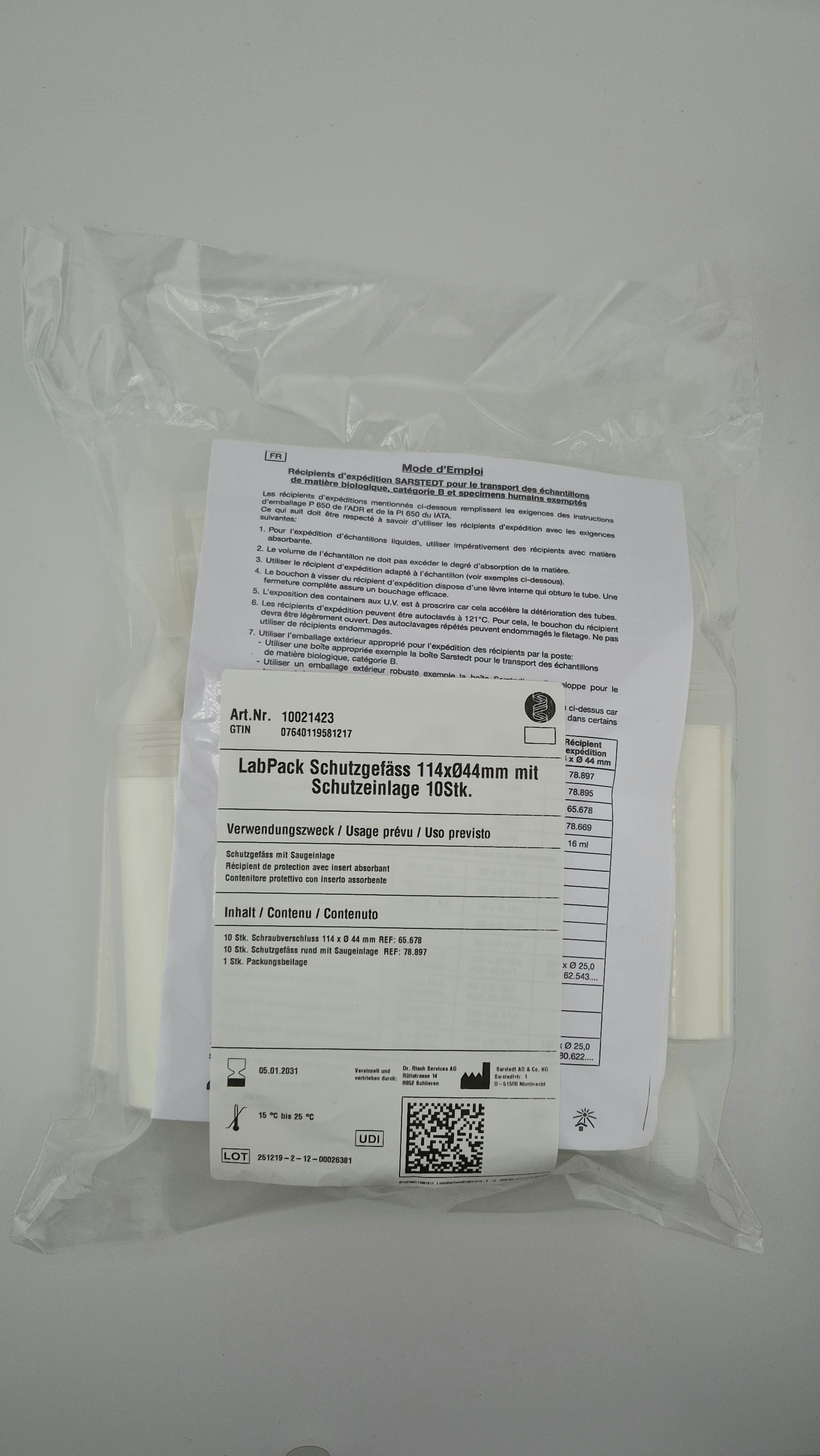  LabPack Récipient de protection114xØ44 mm avec insert de 