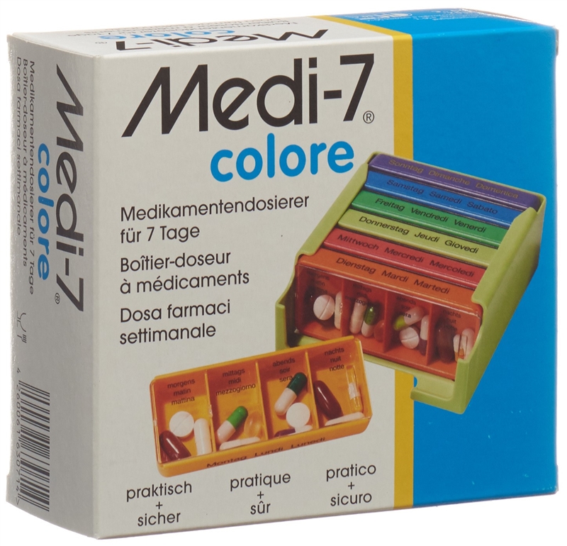 MEDI 7 Dosatore di medicinali, 7 giorni, D/F/I, colorato 