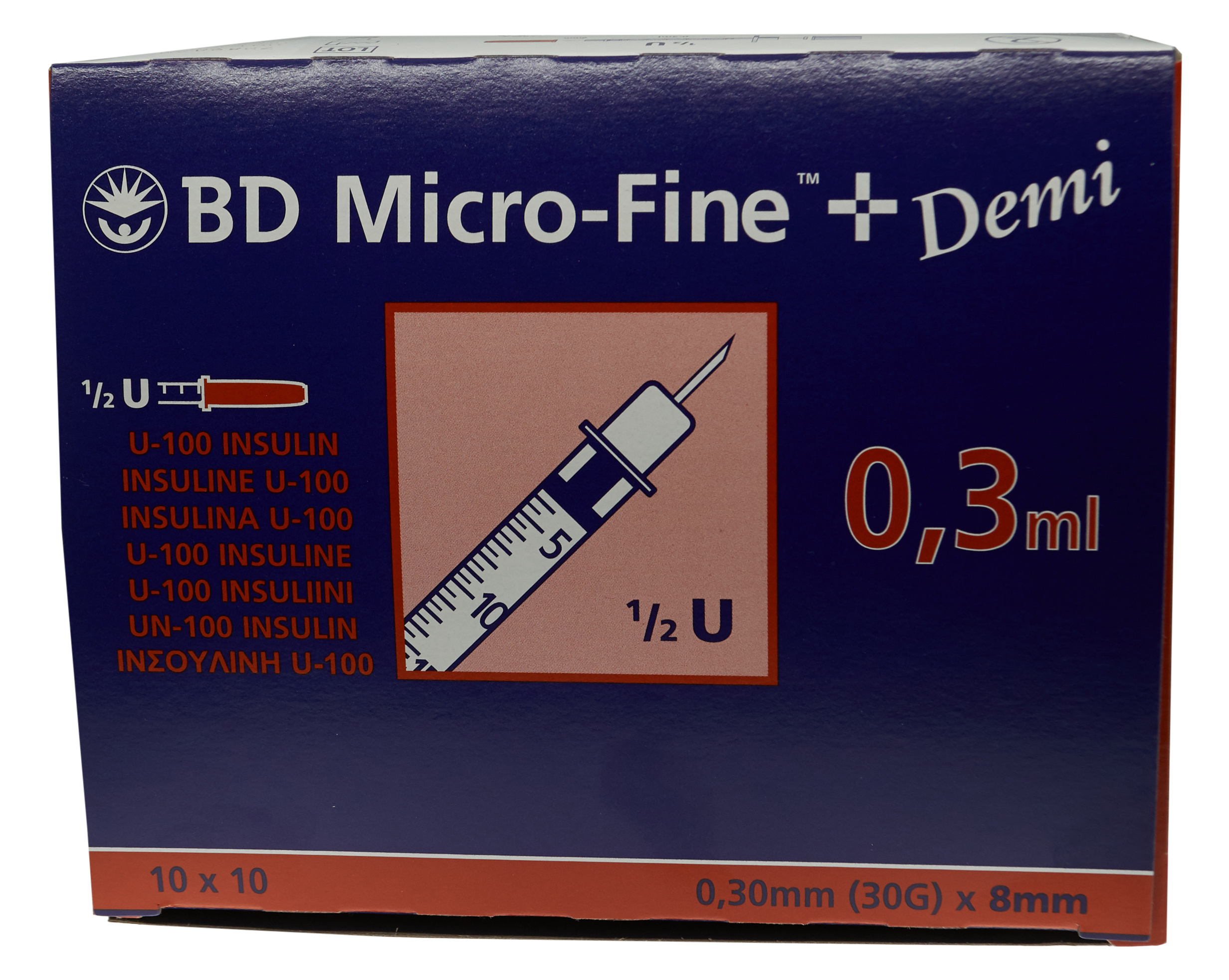 Siringhe per insulina BD U100 8x0,3 mm 30G 100x0,3 ml demi 