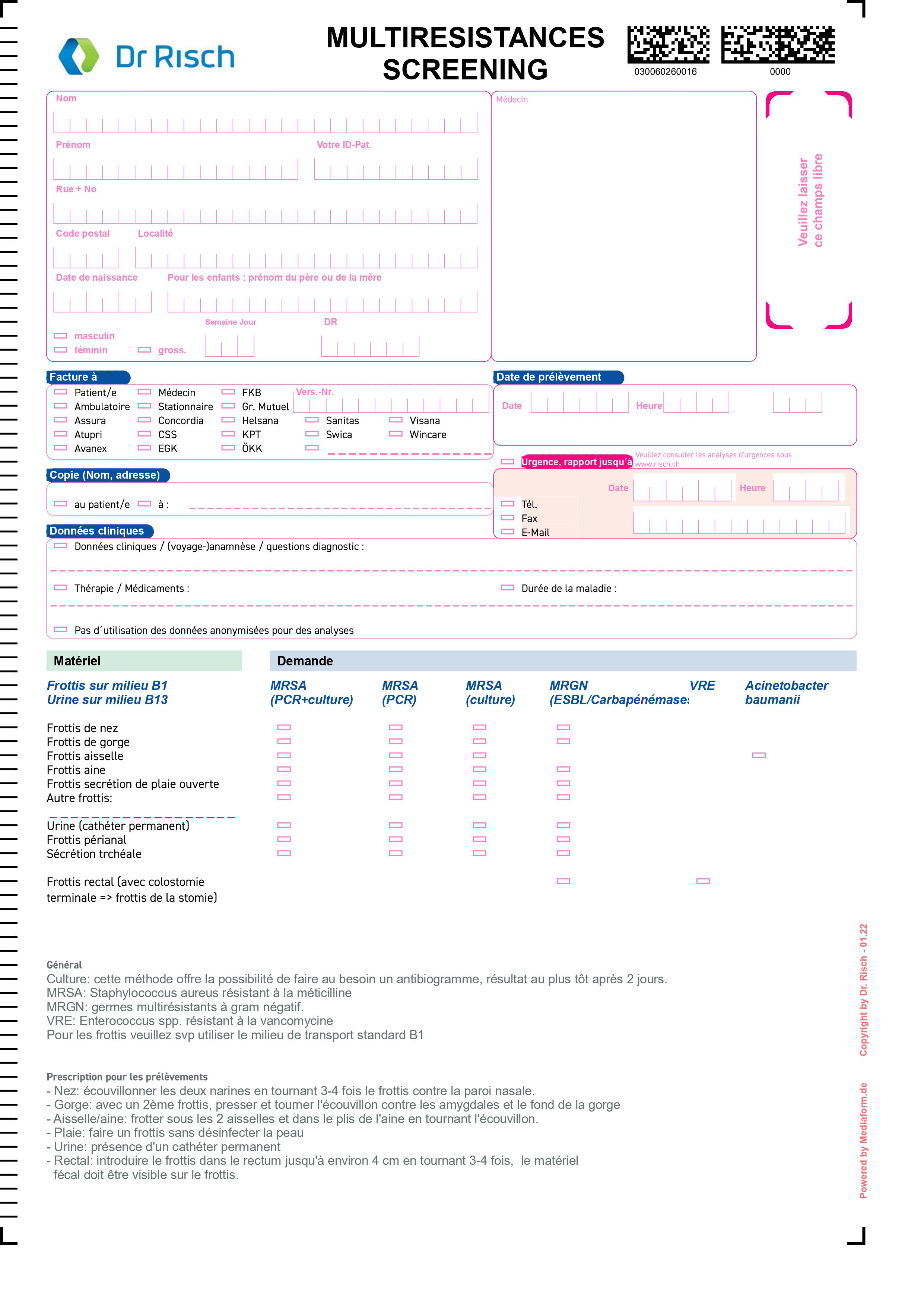 Auftragsformular Screening Multiresistenzen 