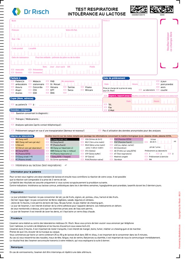 Formulaire de demande Intolérance au lactose test respiratoi 