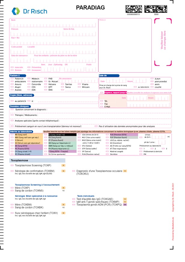 Formulaire de demande ParaDiag Toxoplasmose/Parasitologie 