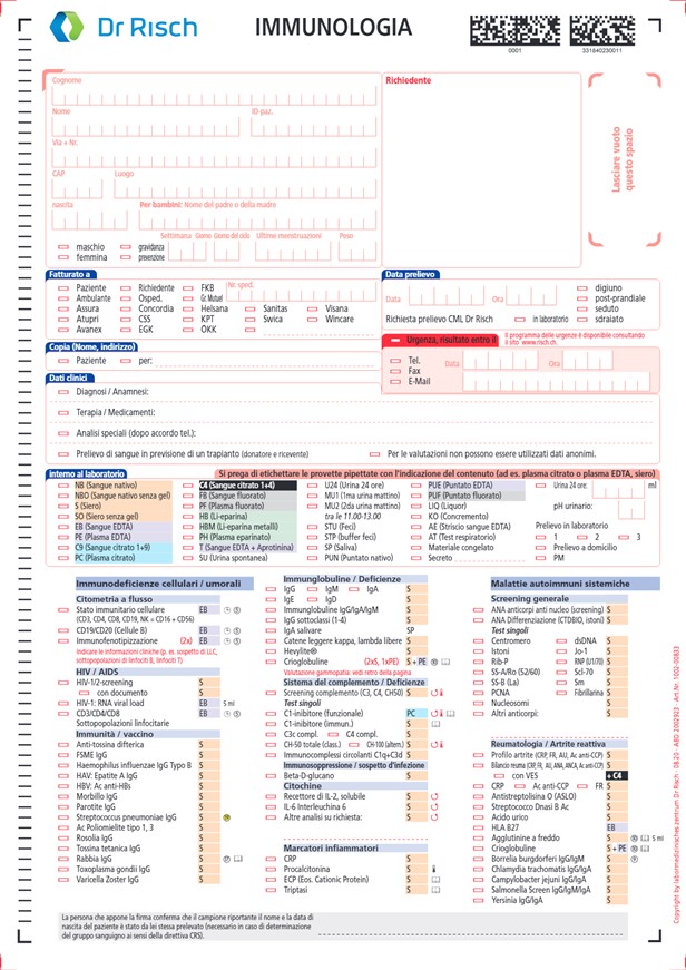 Modulo d'ordine analisi immunologia 