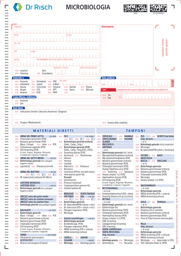 Modulo d'ordine analisi Microbiologia 